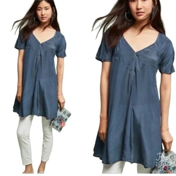 Anthropologie Akemi + Kin Blue Satin Tunic - Picture 1 of 7